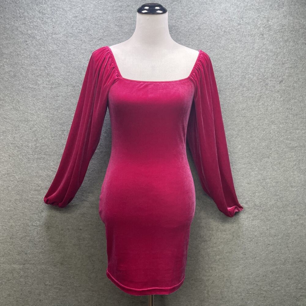 Pink Lily Velvet Mini Dress SM Hot Pink Square Neck Bishop Sleeve Bodycon Party